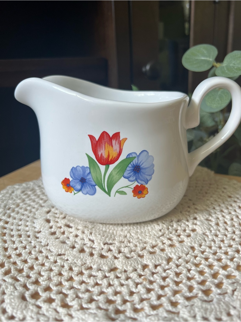 Corelle Coordinates White Creamer Floral Folk Art Pitcher/Gravy Boat/Creamer